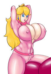 Rule 34 | 1girl, blonde hair, blue eyes, bodysuit, breasts, cameltoe, cleavage, cleft of venus, covered erect nipples, highres, huge breasts, legs, lipstick, long hair, looking at viewer, makeup, mario (series), mario kart, nintendo, open mouth, pink lips, princess, princess peach, sitting, solo, thick thighs, thighs, unzipped
