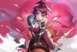 Rule 34 | 1girl, blue skin, breasts, cleavage, colored skin, dragon, fang, goggles, goggles on head, jacket, jewelry, league of legends, medium breasts, midriff, navel, necklace, open clothes, open jacket, open mouth, pants, pointy ears, purple hair, rabbit (tukenitian), riding, rocket, solo, tristana, vambraces, yordle