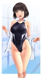 Rule 34 | 1girl, bare shoulders, black one-piece swimsuit, blush, breasts, brown eyes, brown hair, collarbone, competition swimsuit, covered navel, highleg, highleg swimsuit, highres, jacket, large breasts, long sleeves, looking at viewer, off shoulder, one-piece swimsuit, open clothes, open jacket, open mouth, original, short hair, smile, solo, swimsuit, thighs, wa (genryusui), white jacket