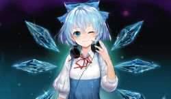 Rule 34 | 1girl, ;), adapted costume, black background, blue background, blue bow, blue dress, blue eyes, blue hair, blush, bow, breasts, cirno, commentary, dress, english commentary, gradient background, hair between eyes, hair bow, hand up, headphones, headphones around neck, ice, ice wings, iouley, light particles, looking at viewer, neck ribbon, one eye closed, puffy short sleeves, puffy sleeves, purple background, red ribbon, ribbon, shirt, short hair, short sleeves, small breasts, smile, solo, sparkle, touhou, upper body, white shirt, wing collar, wings