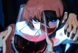 Rule 34 | alcohol, black shirt, blue eyes, blurry, bright pupils, brown hair, character counter request, chinese commentary, commentary request, cup, dark skin, depth of field, drinking glass, glaring, hand on another&#039;s shoulder, hand up, highres, holding, holding cup, kaiba seto, long sleeves, male focus, red wine, serious, shadow, shirt, short hair, solo focus, tt (joesther3), upper body, wine, wine glass, yu-gi-oh!, yu-gi-oh! duel monsters