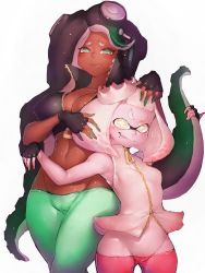 Rule 34 | 2girls, armpits, breasts, cameltoe, dark-skinned female, dark skin, fingerless gloves, fumio (rsqkr), gloves, green eyes, groin, inkling, large breasts, looking at viewer, marina (splatoon), mole, mole under mouth, multiple girls, nintendo, octoling, pantyhose, pearl (splatoon), simple background, small breasts, smile, splatoon (series), splatoon 2, tentacle hair, thighs, white background