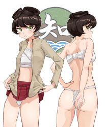 Rule 34 | 1girl, ass, back, blush, breasts, brown hair, clothes lift, cowboy shot, fundoshi, girls und panzer, green eyes, hair rings, hand on own hip, high collar, highres, hosomi shizuko, japanese clothes, lifting own clothes, miniskirt, simple background, skirt, small breasts, solo, standing, toku (yhpv8752), white background