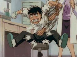Rule 34 | 1boy, 1girl, animated, animated gif, bandages, clenched teeth, hajime no ippo, lowres, makunouchi ippo, punching, slippers, source request, teeth