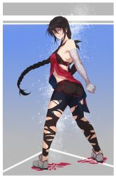 Rule 34 | 1girl, alternate costume, ass, bandaged arm, bandages, bare shoulders, black hair, braid, full body, highres, looking at viewer, shoes, shorts, single braid, smile, solo, tales of (series), tales of berseria, thighhighs, torn clothes, velvet crowe, yellow eyes