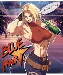 Rule 34 | 1girl, abs, bare shoulders, belt, blonde hair, blue mary, bob cut, crop top, drink, fatal fury, fingerless gloves, gloves, halterneck, highres, midriff, multiple belts, muscular, muscular female, navel, ogami, short hair, sleeveless, snk, solo, the king of fighters