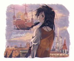 Rule 34 | 1girl, 234 (1234!), aircraft, airship, bad id, bad pixiv id, black choker, black hair, blush, brown eyes, brown gloves, building, choker, closed mouth, cloud, final fantasy, final fantasy ix, garnet til alexandros xvii, gloves, hand on own arm, juliet sleeves, lens flare, long hair, long sleeves, looking back, outdoors, puffy sleeves, sky, smile, solo, upper body