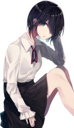Rule 34 | 1girl, black hair, black skirt, blouse, frilled sleeves, frills, from side, green eyes, hair over one eye, high-waist skirt, highres, legs together, looking at viewer, ogami ren, original, parted lips, shirt, short hair, simple background, sitting, skirt, solo, white background, white shirt, wing collar