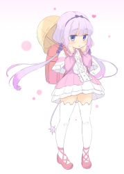 Rule 34 | 1girl, backpack, bag, blue eyes, blush, capelet, commentary request, dress, female focus, frilled capelet, frills, full body, gradient background, hands up, hat, highres, jigatei (omijin), kanna kamui, kobayashi-san chi no maidragon, long hair, long sleeves, looking at viewer, low twintails, parted lips, pink background, pink dress, puffy long sleeves, puffy sleeves, purple hair, randoseru, red footwear, school hat, shoes, simple background, sleeves past wrists, solo, standing, tail, thighhighs, twintails, very long hair, white background, white capelet, white thighhighs, yellow hat