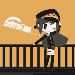 Rule 34 | 1girl, adjusting clothes, adjusting headwear, arm up, black hair, blush, chibi, closed mouth, cobalta, hair ornament, hairclip, hat, long sleeves, looking at viewer, one eye closed, rail romanesque, short hair, solo, train