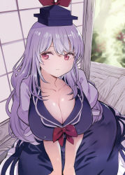 1girl blue_dress blue_hat blush breasts cleavage closed_mouth collarbone commentary_request day dress female_focus hair_between_eyes hat highres kamishirasawa_keine large_breasts light_purple_hair long_hair mature_female miya9 puffy_short_sleeves puffy_sleeves red_eyes short_sleeves solo tokin_hat touhou v_arms veranda