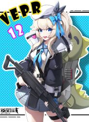 Rule 34 | 1girl, absurdres, beret, black jacket, blonde hair, blue bow, blue eyes, bow, breasts, character name, copyright name, cowboy shot, girls&#039; frontline, grey skirt, gun, hair bow, hat, highres, holding, holding gun, holding weapon, jacket, long hair, long sleeves, looking at viewer, medium breasts, miniskirt, nauc4338, open clothes, open jacket, open mouth, plaid, plaid skirt, pleated skirt, shotgun, side ponytail, skirt, smile, solo, standing, thigh strap, vepley (girls&#039; frontline 2), vepr-12, weapon, white hat