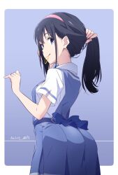 Rule 34 | 1girl, arched back, arm up, ass, back bow, black hair, blue background, blue bow, blue eyes, border, bow, breasts, closed mouth, collared shirt, commentary, cowboy shot, dated, dress, from behind, from side, hair tie, hair tie in mouth, hairband, hand up, highres, holding, holding own hair, long hair, looking at viewer, looking to the side, medium breasts, medium dress, monai-chan (nii manabu), mouth hold, nii manabu, original, outside border, pinafore dress, pink hairband, pinky out, pleated dress, ponytail, school uniform, shirt, short sleeves, sidelocks, sideways glance, signature, simple background, single stripe, sleeveless, sleeveless dress, smile, solo, split mouth, tying hair, white border, white shirt