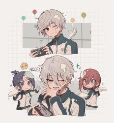 Rule 34 | balloon, black eyes, blue jacket, blue lock, cellphone, chigiri hyoma, closed mouth, food, grey hair, hands up, highres, holding, holding food, holding phone, jacket, long hair, long sleeves, mikage reo, multicolored clothes, multicolored jacket, nagi seishirou, one eye closed, open mouth, phone, pie, ponytail, purple eyes, purple hair, red eyes, red hair, sadaharu010, short hair, short ponytail, smartphone, smile, two-tone jacket, white jacket