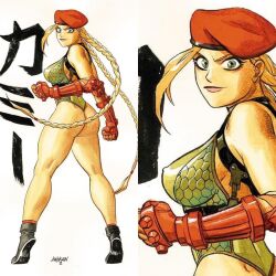Rule 34 | 1girl, ass, blonde hair, blue eyes, boots, braid, breasts, cammy white, covered erect nipples, dave johnson (artist), from behind, hat, large breasts, leotard, lips, looking at viewer, sideboob, street fighter, thong leotard, white background