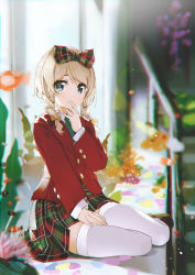 Rule 34 | 1girl, absurdres, blazer, blue eyes, bow, braid, brown bow, brown footwear, chromatic aberration, closed mouth, collared shirt, commentary, coria, full body, green necktie, hair bow, hair over shoulder, hand up, highres, jacket, light brown hair, long sleeves, looking at viewer, low twintails, necktie, original, plaid, plaid bow, plaid skirt, pleated skirt, red jacket, school uniform, shirt, shoes, short eyebrows, sitting, skirt, sleeves past wrists, solo, symbol-only commentary, thick eyebrows, thighhighs, twin braids, twintails, white shirt, white thighhighs, yokozuwari