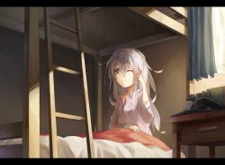 Rule 34 | 10s, 1girl, amoranorem, aqua eyes, bed, bedroom, bunk bed, failure penguin, finger to eye, hibiki (kancolle), indoors, kantai collection, kashii (amoranorem), letterboxed, long hair, morning, on bed, one eye closed, pajamas, solo, tears, waking up, white hair