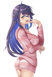 Rule 34 | 1girl, ass, black hair, blue hair, hand up, highres, indie virtual youtuber, kson, long hair, long sleeves, mole, mole under eye, monica (monica 0005), multicolored hair, pajamas, pink shirt, pink shorts, shirt, shorts, simple background, solo, souchou, striped clothes, striped shirt, two-tone hair, virtual youtuber, white background