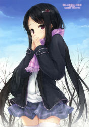 Rule 34 | 1girl, absurdres, bag, black hair, blazer, blush, coat, covering face, covering own mouth, covering privates, hair ornament, hairclip, highres, jacket, long hair, low twintails, open mouth, purple eyes, scarf, school uniform, senji (tegone spike), skirt, solo, thighhighs, twintails, very long hair, white thighhighs, winter, zettai ryouiki
