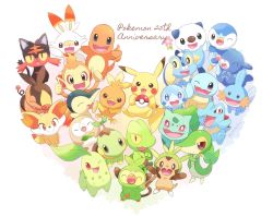 Rule 34 | :&gt;, anniversary, blue eyes, bright pupils, brown eyes, bulbasaur, charmander, chespin, chikorita, chimchar, closed eyes, closed mouth, commentary request, copyright name, creatures (company), cyndaquil, fang, fangs, fennekin, fire, fire, flame-tipped tail, froakie, game freak, gen 1 pokemon, gen 2 pokemon, gen 3 pokemon, gen 4 pokemon, gen 5 pokemon, gen 6 pokemon, gen 7 pokemon, gen 8 pokemon, grookey, highres, holding, holding poke ball, litten, looking at viewer, mei (maysroom), mudkip, nintendo, no humans, one eye closed, open mouth, oshawott, pikachu, piplup, poke ball, poke ball (basic), pokemon, pokemon (creature), popplio, rowlet, scorbunny, smile, snivy, sobble, squirtle, tepig, tongue, torchic, totodile, treecko, turtwig