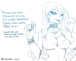 Rule 34 | 1girl, ari laharis, blue theme, bracelet, breasts, cleavage, collar, crybringer, demon mages, dress, earrings, english text, gem, jewelry, large breasts, lipstick, lots of jewelry, makeup, mole, monochrome, scar, slit pupils, snake, spaghetti strap, strap gap, text focus, valentine