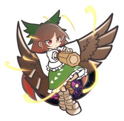 Rule 34 | 1girl, arm cannon, bird wings, black wings, bow, brown hair, closed mouth, green bow, green skirt, hair bow, long hair, looking at viewer, puyopuyo, red eyes, reiuji utsuho, shinmon akika, shirt, short sleeves, simple background, skirt, smile, solo, touhou, weapon, white background, white shirt, wings