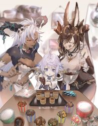 Rule 34 | + +, 3girls, ahoge, animal ears, arumu, baking sheet, blue eyes, blurry, blurry background, book, bowl, breasts, brown hair, chocolate making, cleavage, cleavage cutout, closed eyes, clothing cutout, cup, cupcake, dark-skinned female, dark skin, detached sleeves, dress, fang, fediel (granblue fantasy), food, food on face, galleon (granblue fantasy), gloves, granblue fantasy, hagoromo, highres, holding, holding whisk, horns, large breasts, long hair, medium breasts, multicolored hair, multiple girls, navel, oven mitts, pastry bag, plate, pointy ears, red eyes, shawl, short hair, sidelocks, sleeveless, sleeveless dress, smile, standing, streaked hair, table, teacup, triangle mouth, twitter username, veil, wamdus (granblue fantasy), whisk, white gloves, white hair
