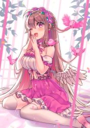 Rule 34 | 1girl, :d, absurdres, ahoge, angel wings, animal, animal on head, bare shoulders, bird, bird on head, blush, breasts, brooch, brown hair, choker, dress, earrings, fang, flower wreath, frilled choker, frills, gradient hair, hair flaps, head wreath, high heels, highres, hinao, jewelry, lipstick, long hair, looking at viewer, low wings, makeup, multicolored hair, neckerchief, off-shoulder dress, off shoulder, on head, one eye closed, open mouth, original, own hands together, pink eyes, sitting, skin fang, skindentation, smile, solo, steepled fingers, thighhighs, underboob, very long hair, wariza, wings