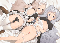 Rule 34 | 2girls, 2l (2lsize), 3:, ass, bare legs, bed sheet, black dress, black panties, blue eyes, blunt bangs, blush, breasts, brown hair, censored, dress, dutch angle, forehead, frills, gluteal fold, grey hair, groin, heart, heart censor, highres, loafers, long hair, looking at viewer, looking back, lying, maid, maid headdress, medium breasts, multiple girls, navel, nipples, on back, on stomach, original, panties, parted lips, shoes, short sleeves, side-tie panties, sidelocks, thighhighs, thighs, tsurime, twintails, underwear, very long hair, wavy hair, white legwear