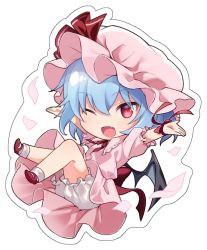 Rule 34 | 1girl, ;d, bat wings, bloomers, blue hair, blush, chibi, commentary request, fang, full body, hat, looking at viewer, mob cap, one eye closed, open mouth, outstretched arms, pink hat, red eyes, red neckwear, red ribbon, remilia scarlet, ribbon, short hair, smile, solo, touhou, underwear, wings, yuki (popopo)