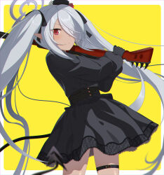 Rule 34 | 1girl, alternate costume, belt, black dress, black gloves, blue archive, bolt action, commentary request, dark-skinned female, dark skin, demon girl, demon tail, dress, eko, gloves, grey hair, gun, hair over one eye, halo, highres, holding, holding gun, holding weapon, iori (blue archive), long hair, long sleeves, looking at viewer, mauser 98, over shoulder, parted bangs, pointy ears, red eyes, rifle, sidelocks, simple background, solo, tail, thigh belt, thigh strap, twintails, weapon, weapon over shoulder, yellow background