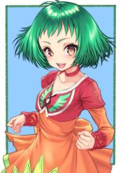 Rule 34 | 1girl, brown eyes, choker, dress, farah oersted, green hair, looking at viewer, open mouth, orange dress, red choker, short hair, smile, solo, tales of (series), tales of eternia