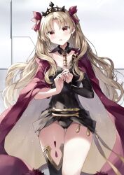 Rule 34 | 1girl, absurdres, black leotard, black nails, black sleeves, black thighhighs, blonde hair, blush, cape, commentary request, covered navel, earrings, ereshkigal (fate), fate/grand order, fate (series), fingernails, forehead, hair ribbon, highres, indoors, jewelry, leotard, long hair, looking at viewer, misaki346, own hands together, parted bangs, red cape, red eyes, red ribbon, ribbon, signature, single sleeve, single thighhigh, solo, thighhighs, tiara, two-tone cape, two side up, very long hair, yellow cape