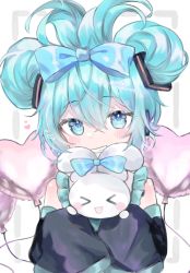 Rule 34 | &gt; &lt;, 1girl, :d, aqua eyes, aqua hair, balloon, bare shoulders, black sleeves, blue bow, blush stickers, bow, cinnamiku, cinnamoroll, detached sleeves, double bun, ear bow, floppy sleeves, frilled shirt collar, frills, grin, hair between eyes, hair bow, hair bun, hatsune miku, heart, heart balloon, highres, holding, looking at viewer, open mouth, pafe yuzuran, sanrio, simple background, sleeves past fingers, sleeves past wrists, smile, upper body, vocaloid, white background, xd