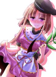 Rule 34 | 1girl, apron, blush, branch, brown hair, clothes lift, dress, dress lift, dutch angle, frills, hat, highres, holding, holding branch, lifted by self, looking at viewer, myouga (plant), nishida satono, oshiaki, puffy short sleeves, puffy sleeves, purple dress, purple hair, shadow, short hair, short hair with long locks, short sleeves, sidelocks, smile, solo, touhou, waist apron, white background