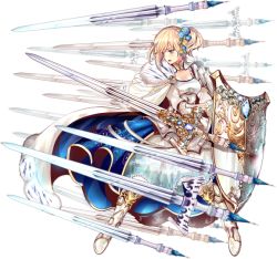 Rule 34 | 1girl, blonde hair, blue eyes, boots, breasts, cleavage, dress, flower, full body, hair flower, hair ornament, holding, holding sword, holding weapon, issairaku, large breasts, neuschwanstein (oshiro project), official art, oshiro project:re, oshiro project:re, side ponytail, solo, sword, transparent background, weapon
