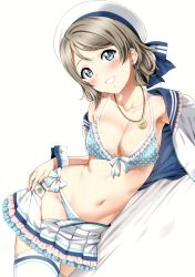 Rule 34 | 1girl, absurdres, anchor earrings, bikini, blue eyes, blue sailor collar, blush, bra, breasts, brown hair, cleavage, collarbone, compass, earrings, hat, highres, jewelry, looking at viewer, love live!, love live! school idol festival, love live! sunshine!!, lying, medium breasts, miniskirt, navel, necklace, on side, open clothes, open skirt, panties, polka dot, polka dot bikini, sailor, sailor collar, sailor hat, sankuro (agoitei), scan, short hair, simple background, skirt, smile, solo, stomach, swimsuit, thighhighs, unbuttoned, underwear, undressing, watanabe you, white background, white hat, white skirt