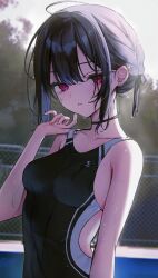 Rule 34 | 1girl, black choker, black hair, black one-piece swimsuit, black ribbon, breasts, choker, competition swimsuit, cropped, day, earrings, fence, hair ribbon, hair up, highres, jewelry, looking at viewer, medium breasts, melonbooks, nekoyashiki pushio, one-piece swimsuit, original, outdoors, parted lips, red eyes, ribbon, sidelocks, solo, swimsuit, two-tone swimsuit, upper body, wet