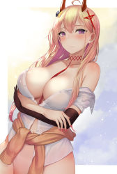 Rule 34 | 1girl, ahoge, azur lane, bare shoulders, between breasts, black gloves, blonde hair, blush, bottomless, breasts, brown cardigan, cardigan, cardigan around waist, choker, cleavage, closed mouth, clothes around waist, collarbone, cowboy shot, elbow gloves, fingernails, frown, gloves, gradient background, hair ornament, highres, horns, kumano (azur lane), large breasts, long hair, looking at viewer, mizuya nao, multicolored hair, nail polish, naked shirt, necktie, no bra, open clothes, open shirt, out-of-frame censoring, pink nails, purple eyes, purple hair, red choker, red necktie, shirt, short sleeves, single elbow glove, single glove, solo, two-tone hair, unbuttoned, unbuttoned shirt, very long hair, white shirt