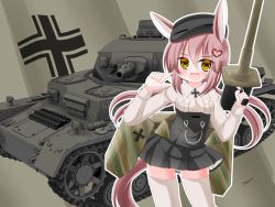 Rule 34 | 1girl, :d, animal ears, black hat, black skirt, breasts, brown hair, cannon, collared shirt, commentary request, cross, hair ornament, hat, heart, heart hair ornament, holding, iron cross, kanijiru, long hair, long sleeves, looking at viewer, low twintails, medium breasts, military, military vehicle, motor vehicle, open mouth, orange eyes, original, panzer iv, personification, pleated skirt, shirt, skirt, smile, solo, tail, tank, thighhighs, twintails, twitter username, very long hair, white shirt, white thighhighs, yellow eyes