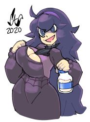 Rule 34 | 1girl, breasts, caliginousarts, cleavage, cleavage cutout, clothing cutout, creatures (company), dress, game freak, hex maniac (pokemon), highres, large breasts, long hair, milk, nintendo, pokemon, pokemon xy, purple eyes, solo