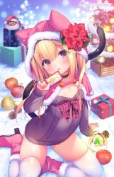 Rule 34 | 1girl, animal ears, animal hood, apple, aran sweater, arm support, blonde hair, blush, boots, bow, box, breasts, brown sweater, cable knit, capelet, cat ears, cat girl, cat hood, cat tail, christmas, christmas ornaments, christmas tree, commentary request, covered navel, fake animal ears, flower, food, fruit, fur-trimmed boots, fur-trimmed capelet, fur-trimmed hood, fur trim, gift, gift box, hair between eyes, hand up, holding, hood, hood up, hooded capelet, long hair, long sleeves, looking at viewer, original, parted lips, pinecone, piyodera mucha, plaid, plaid bow, red apple, red bow, red capelet, red eyes, red flower, red footwear, sleeves past wrists, small breasts, snow, solo, sweater, tail, tail raised, thighhighs, thighhighs under boots, white thighhighs