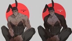 Rule 34 | 1boy, 1thousand9, abs, animal ears, artist logo, artist name, artist request, bara, bare shoulders, black hair, black leotard, black thighhighs, blush, butterfly sitting, covered abs, covering privates, covering crotch, dark-skinned male, dark skin, embarrassed, fake animal ears, highres, leotard, looking at viewer, male focus, male playboy bunny, muscular, muscular male, orange eyes, original, pectorals, rabbit ears, scar, short hair, simple background, sitting, skin tight, strapless, strapless leotard, sweatdrop, thighhighs, wrist cuffs