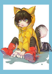 Rule 34 | 4040tinta, absurdres, antenna hair, black hair, body fur, boots, border, cat tail, child, claws, coat, furry, green eyes, highres, hood, hood up, looking at viewer, original, raincoat, red footwear, sitting, solo, tail, tongue, tongue out, water, whiskers, white border, yellow coat
