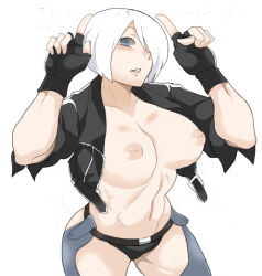 Rule 34 | 1girl, abs, angel (kof), backless pants, blue eyes, blush, bra, breasts, breasts out, chaps, cropped jacket, fighting game, horns pose, fingerless gloves, gloves, hair over one eye, highres, horns pose, index fingers raised, inverted nipples, jacket, large breasts, leather, leather jacket, looking at viewer, midriff, navel, nipples, open mouth, panties, pants, ryu3224, short hair, snk, solo, the king of fighters, the king of fighters xiv, toned, underwear, white hair