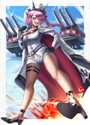 Rule 34 | 1girl, absurdres, aqua hair, black footwear, blue eyes, blush, bra, bra peek, breasts, cannon, cleavage, epaulettes, explosion, fang, floating, floating object, full body, goddess of victory: nikke, hand on own hip, hat, high heels, highres, jacket, jacket on shoulders, large breasts, long hair, long sleeves, manjo (warito), mast (nikke), medal, military, military uniform, open mouth, short shorts, shorts, skin fang, solo, sunglasses, underwear, uniform, very long hair, white hat