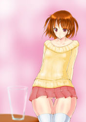 Rule 34 | blush, breast expansion, breasts, brown eyes, brown hair, glass, short hair, skirt, small breasts, sweater, thighhighs, zettai ryouiki