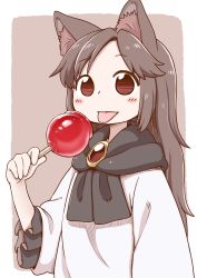 Rule 34 | 1girl, :p, aged down, animal ears, blush, brown background, brown hair, candy apple, food, gem, holding, imaizumi kagerou, long sleeves, looking at viewer, poronegi, red eyes, robe, simple background, smile, solo, tongue, tongue out, touhou, wide sleeves, wolf ears