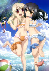 Rule 34 | 2girls, :/, :d, absurdres, ass, back, bad feet, ball, barefoot, beach, beachball, bikini, black hair, blonde hair, blue bikini, blush, body blush, bracelet, breath, child, cloud, crab, criss-cross halter, day, fate/kaleid liner prisma illya, fate (series), feet, flat chest, frilled bikini, frills, hair ornament, hairclip, half updo, halterneck, hand on another&#039;s shoulder, heart, highres, illyasviel von einzbern, jewelry, kneepits, leg lift, leg ribbon, legs, long hair, looking at viewer, looking back, magical ruby, magical sapphire, miyu edelfelt, multiple girls, musical note, navel, nyantype, ocean, official art, open mouth, orange bikini, outdoors, palm tree, parted bangs, ponytail, quaver, red eyes, ribbon, sky, smile, soles, standing, standing on one leg, star (symbol), swimsuit, tareme, teeth, thigh gap, thigh ribbon, toes, tree, upper teeth only, water, white hair, yellow eyes