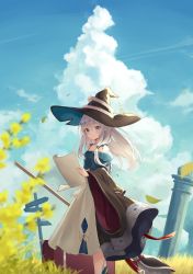 Rule 34 | 1girl, absurdres, azuuru, bare shoulders, black hat, black robe, blue eyes, blue sky, blurry, blurry foreground, blush, bow, broom, cloud, column, cover image, day, elaina (majo no tabitabi), hair between eyes, hat, hat ornament, hat ribbon, highres, holding, holding broom, holding paper, long hair, long sleeves, looking at viewer, majo no tabitabi, novel illustration, off shoulder, official art, outdoors, paper, parted lips, pillar, ribbon, road sign, robe, second-party source, sign, silver hair, sky, solo, standing, suitcase, sweat, textless version, wind, witch hat